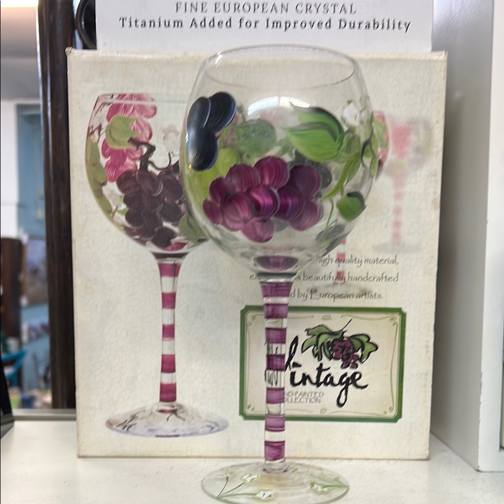 Hand-Painted Wine Glass with Grape Design